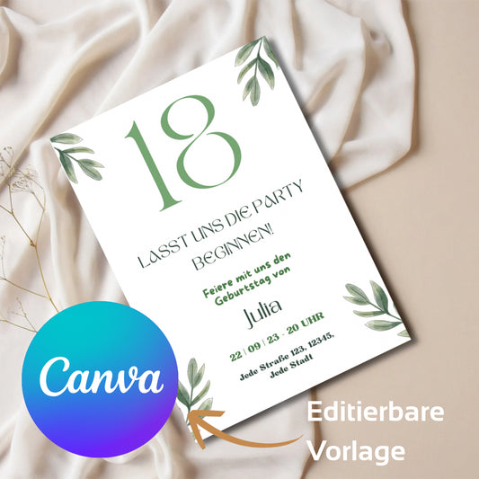 Digitale Einladung 18. Geburtstag | Canva Vorlage | Party Einladung zum Ausdrucken oder Versenden